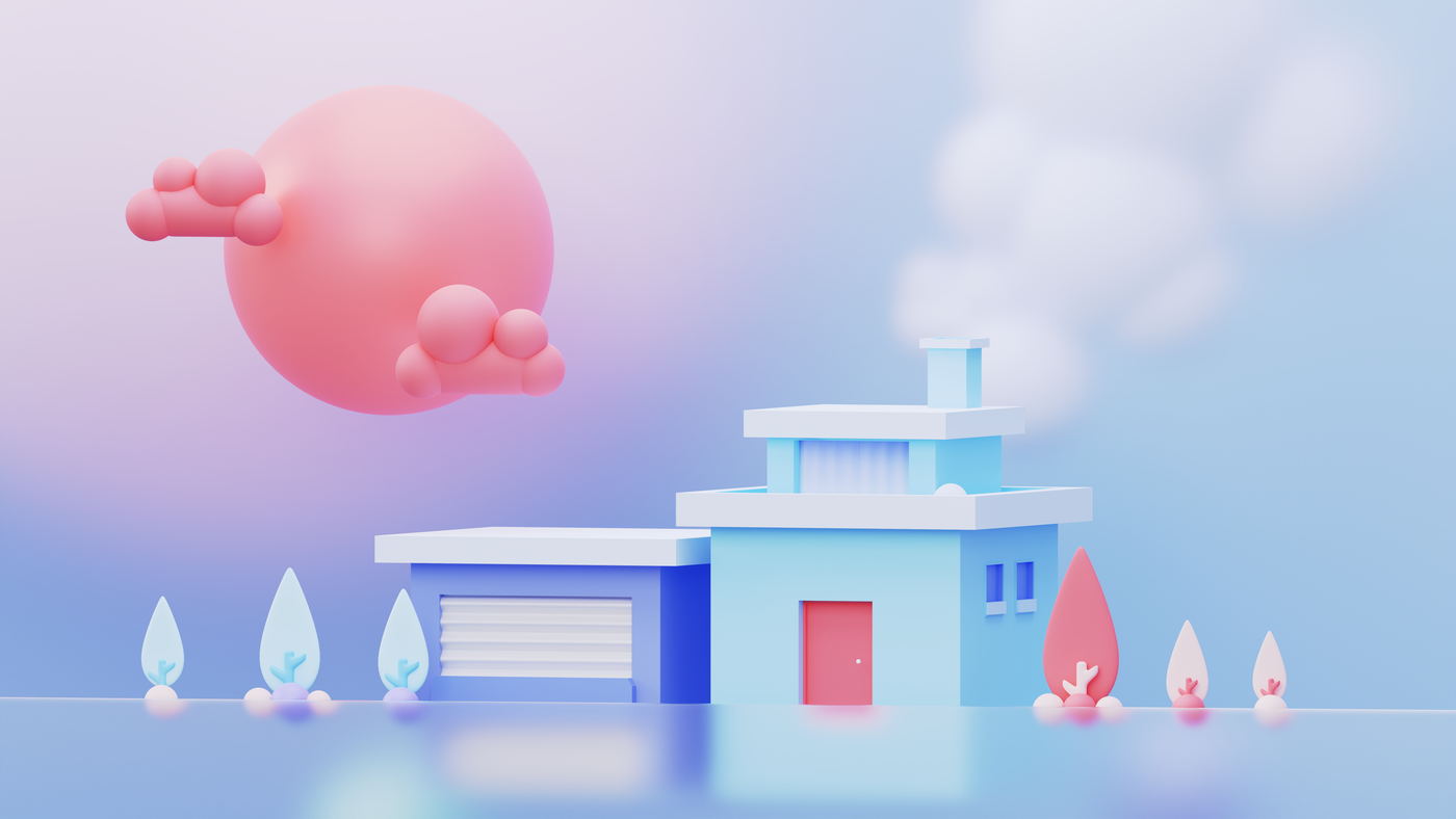 3d printed house cons — A 3D render of a minimalistic house with a surreal pink sphere against a soft sky