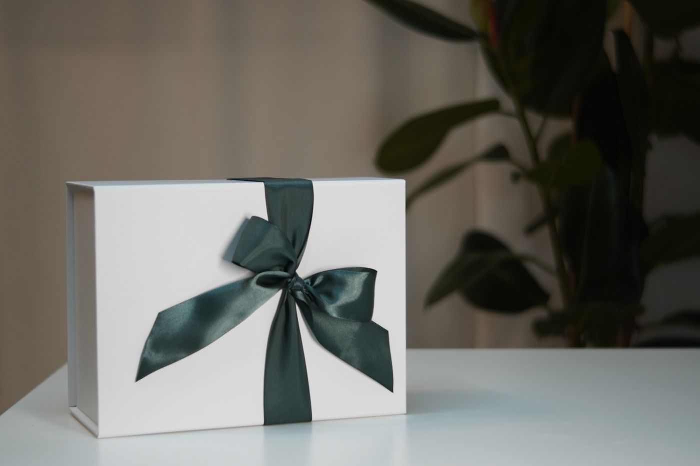 keychain gift for boyfriend — Stylish white gift box adorned with a dark green ribbon, perfect for special occasions