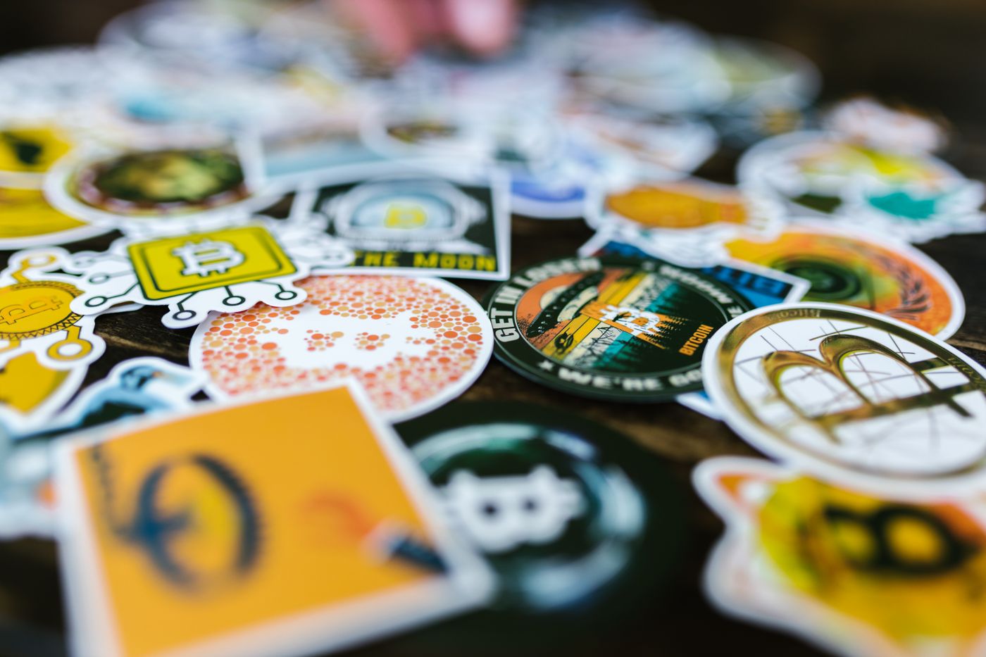 custom sticker sheets — Assorted cryptocurrency-themed stickers featuring Bitcoin and blockchain designs